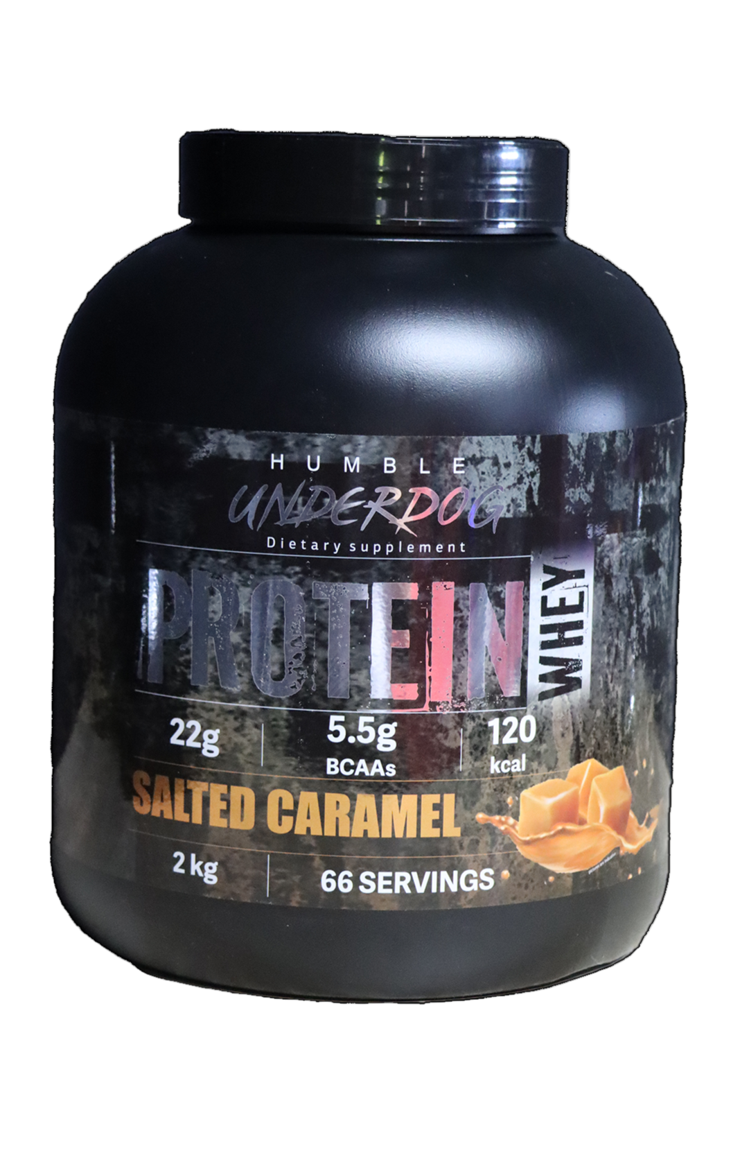 Black protein powder container with 'Humble Underdog' branding on a white background