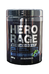 Hero Rage pre-workout supplement container with blue raspberry flavor on a white background