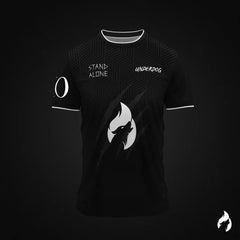 Black t-shirt with white graphics and text on a black background