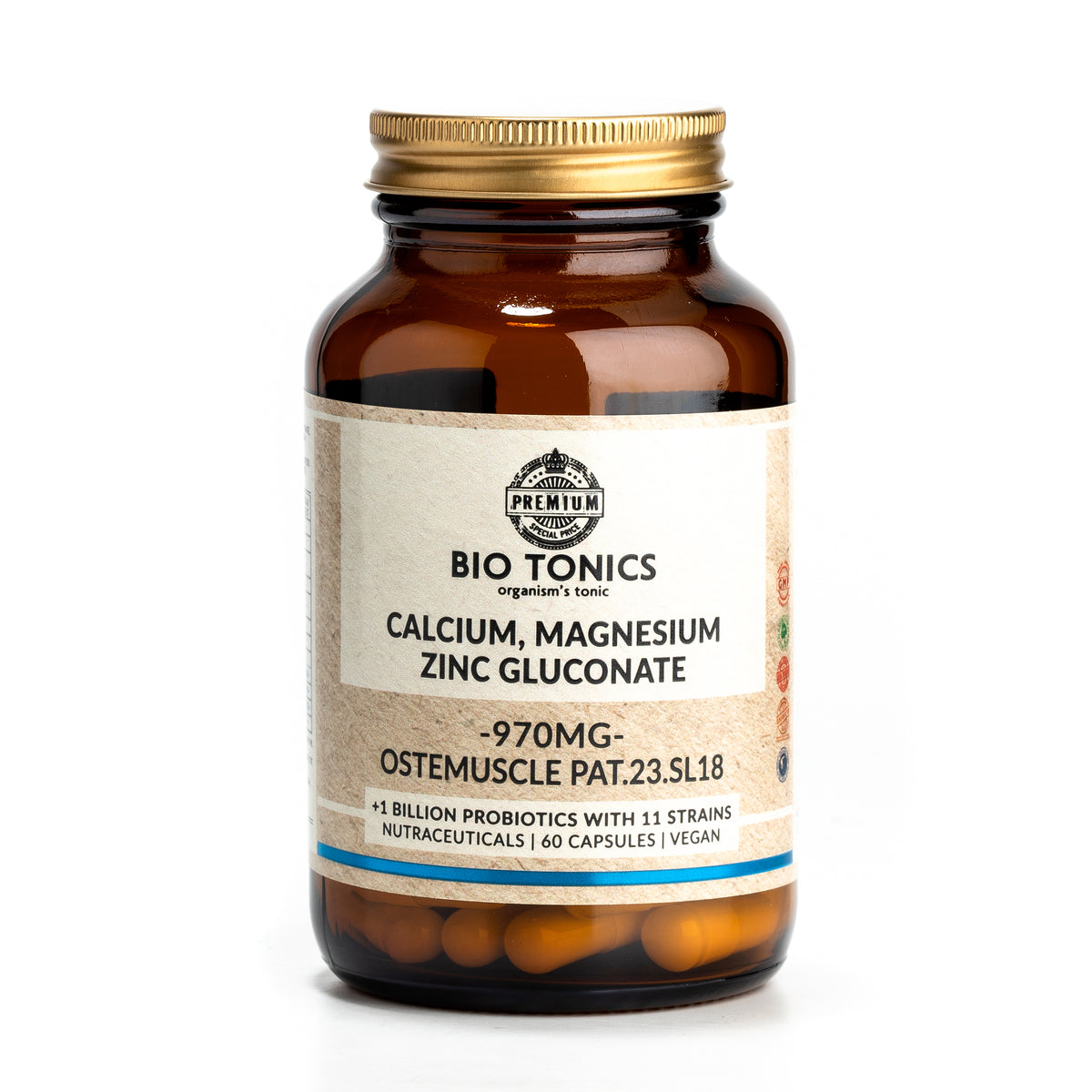 OSTEOMUSCLE Calcium Magnesium Zink Probiotics 970mg 60 Vegan Capsules | Biotonics